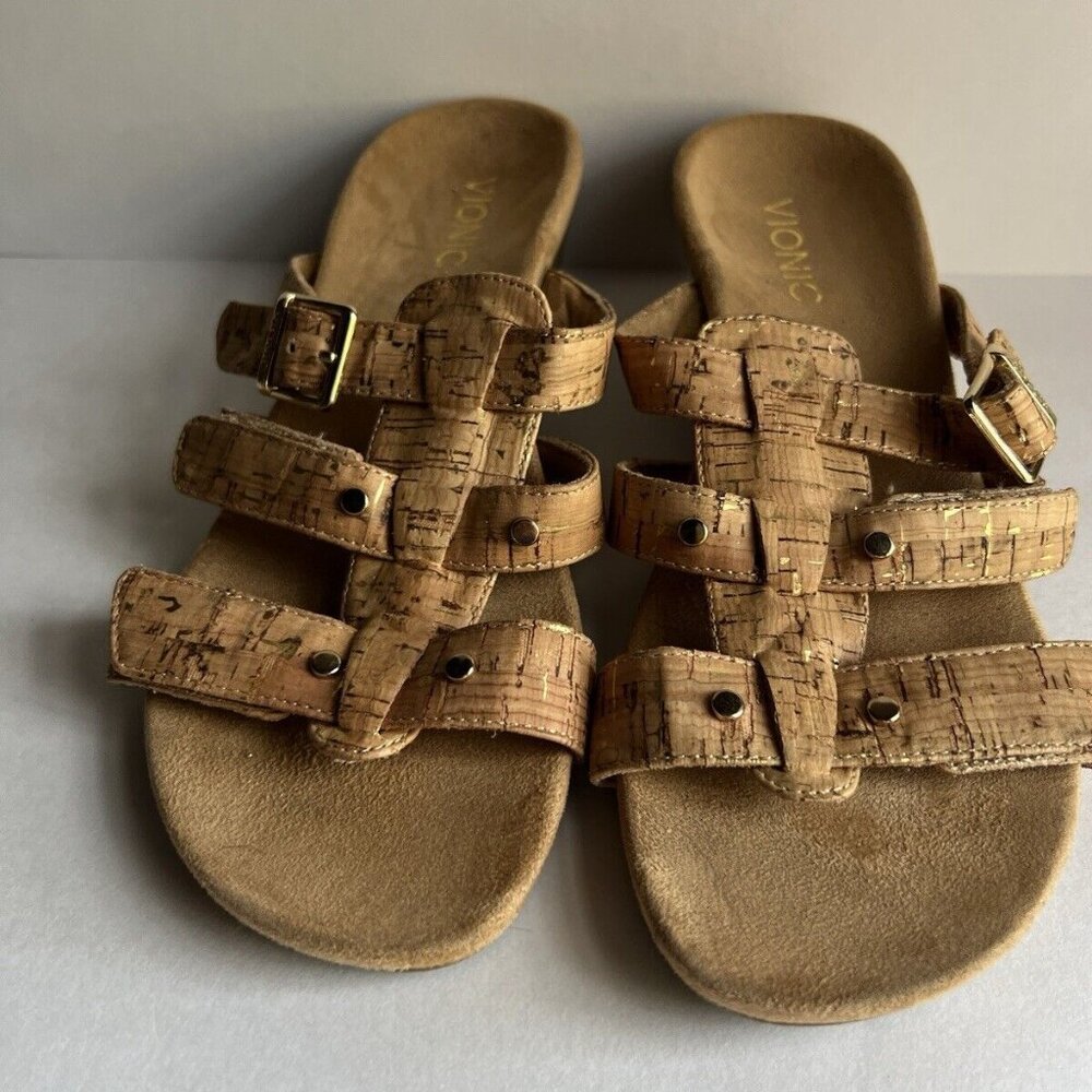 VIONIC Radia Wedge Sandals Womens Size 7 Triple Strap Faux Snakeskin Beige Brown